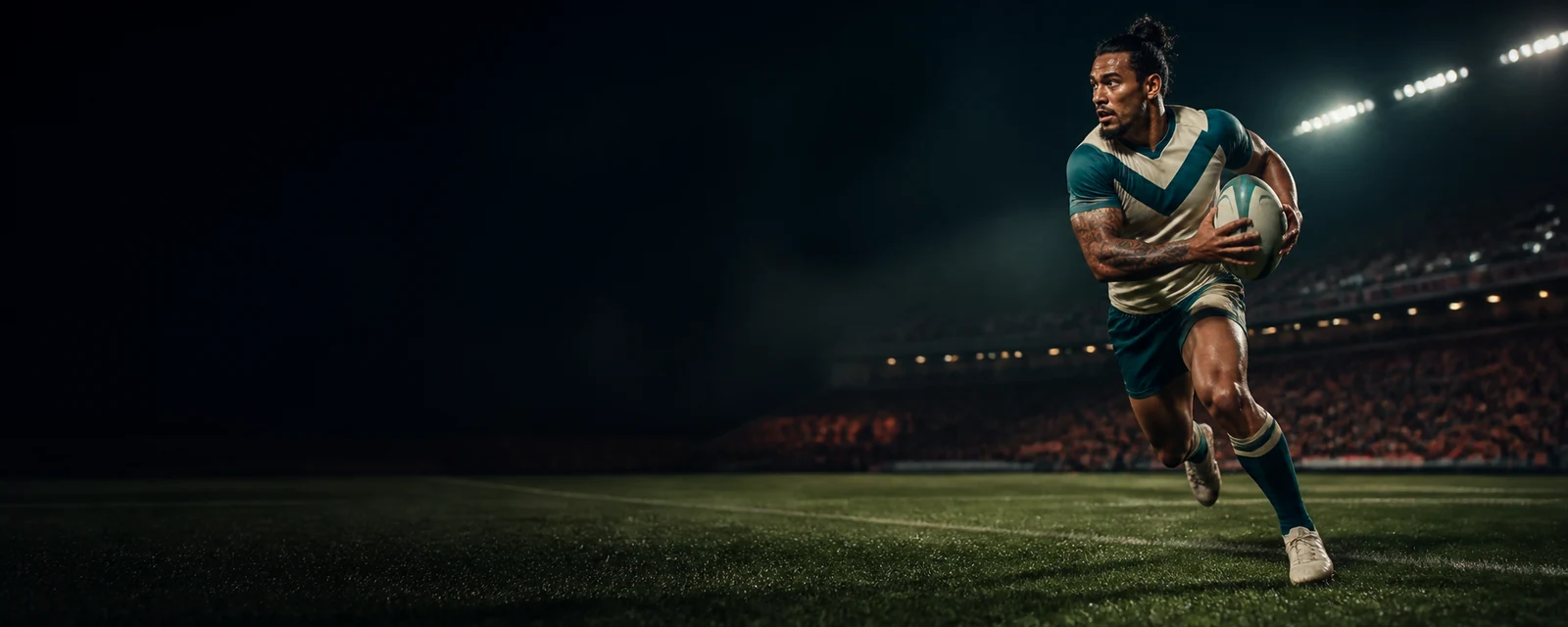 Australian rules footballer in a floodlit stadium